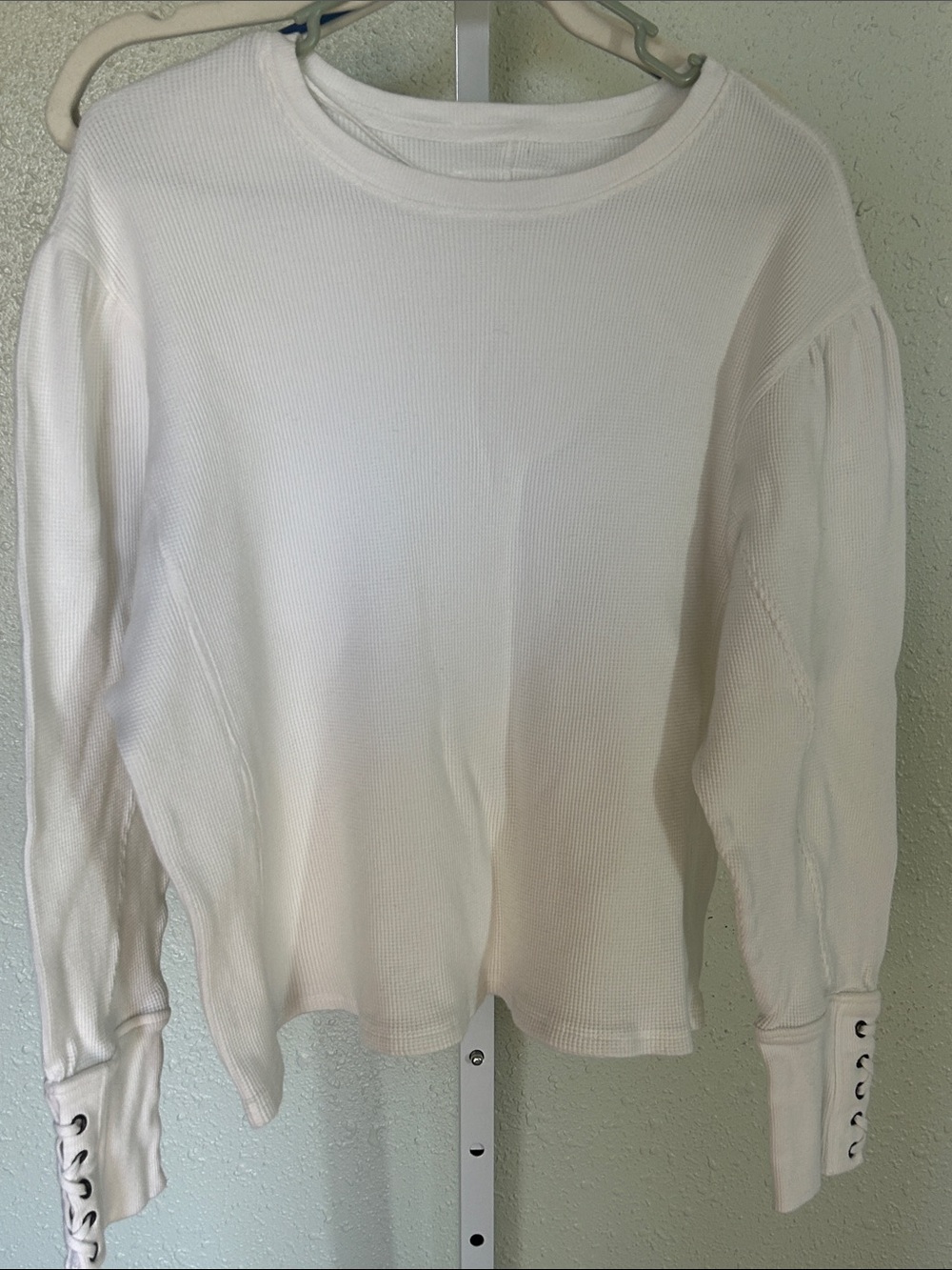 We The Free White Waffle Knit Puff-Sleeve Long Sleeve Top